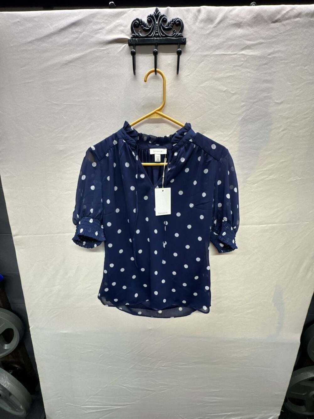 Tamara H. Navy Blue Polka Dot Ruffled V-Neck Short Sleeve Blouse